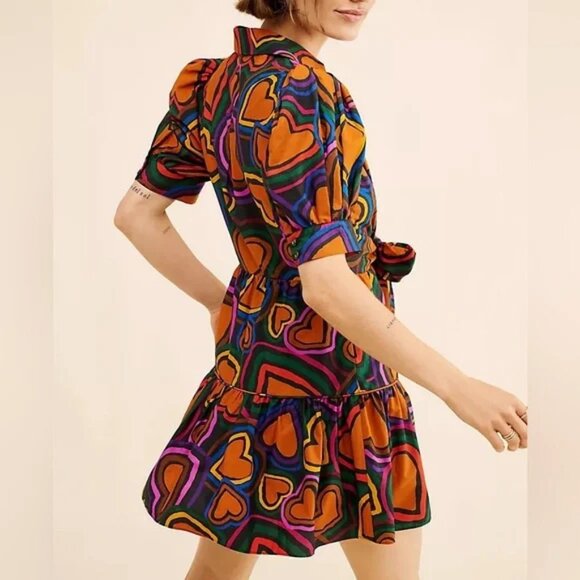 Anthropologie FARM Rio puff sleeve bow front colorful Heart Print Mini Dress M - Picture 7 of 8